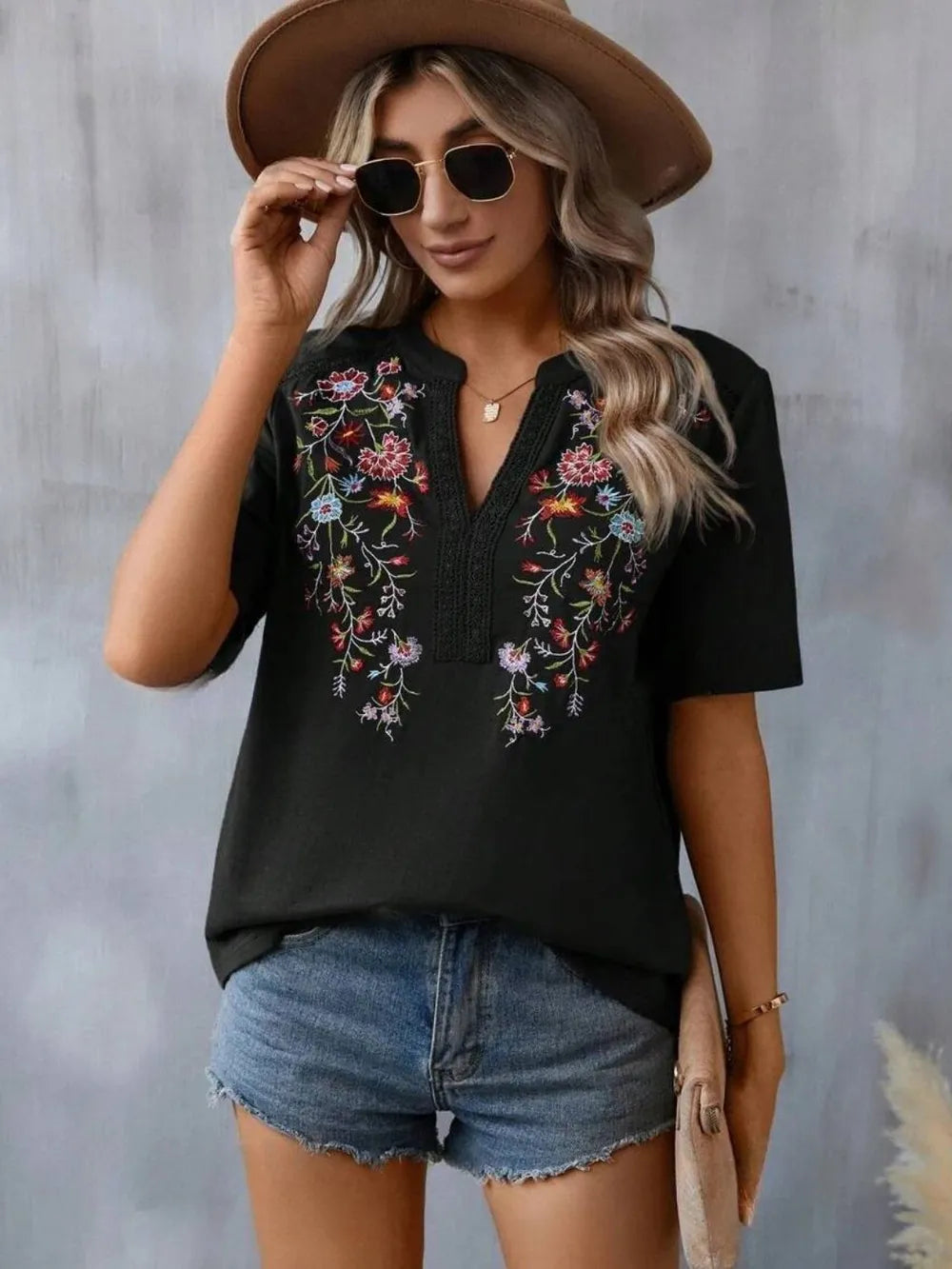 Hazel Blues® |  Embroidered Notched Short Sleeve T-Shirt