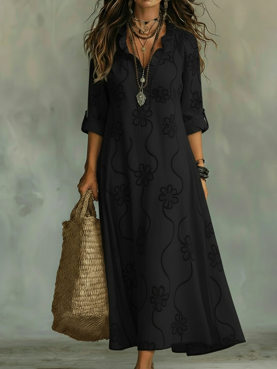 Women Elegant Ruffled Collar Floral A-line Dress