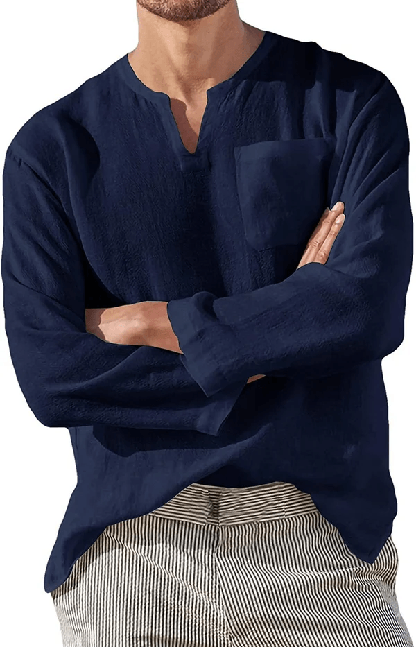 Men's Casual Long Sleeve V-neck Loose Linen Shirt