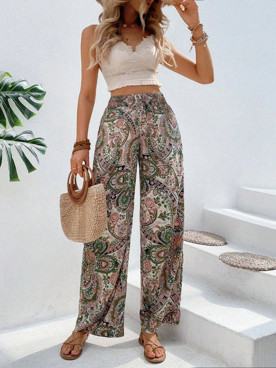 Vintage Print Wide-Leg Pants for Women - Casual Spring/Summer Style