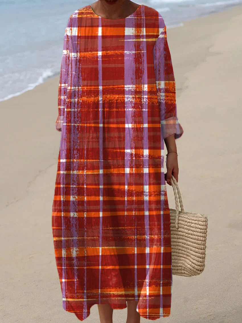 Women's Vintage Plaid Abstract Art Print Casual Dress