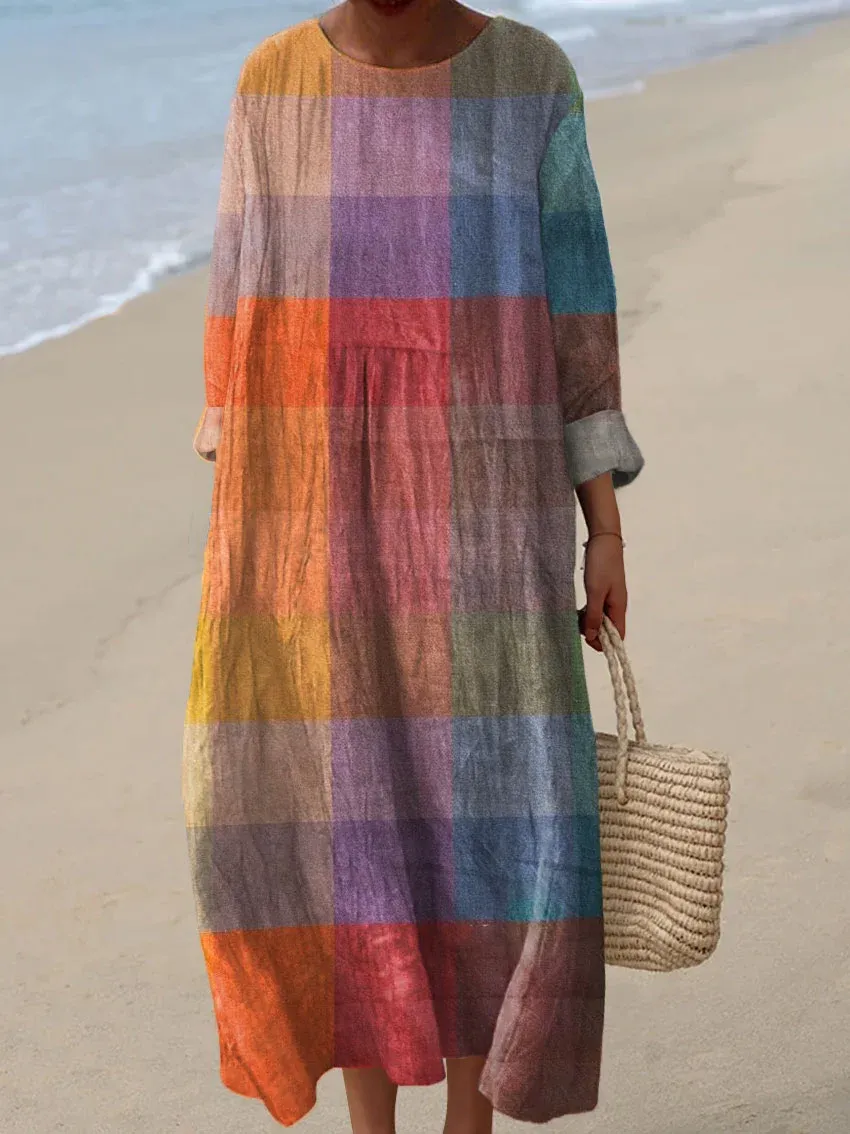 Women's Vintage Plaid Abstract Art Print Casual Dress