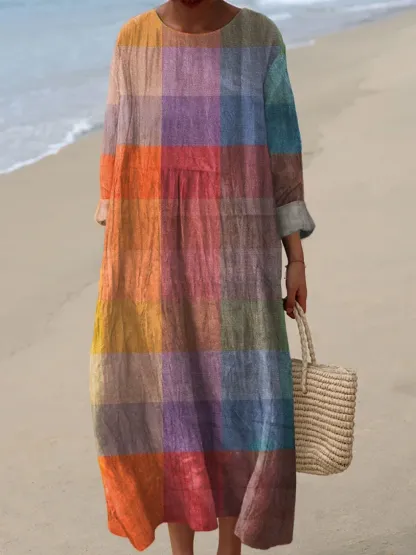 Women's Vintage Plaid Abstract Art Print Casual Dress