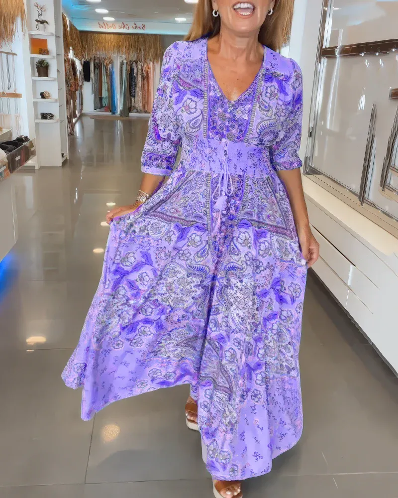 Women's Elegant New Floral V-Neck Slimming Waist Maxi Dress