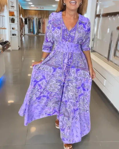 Women's Elegant New Floral V-Neck Slimming Waist Maxi Dress