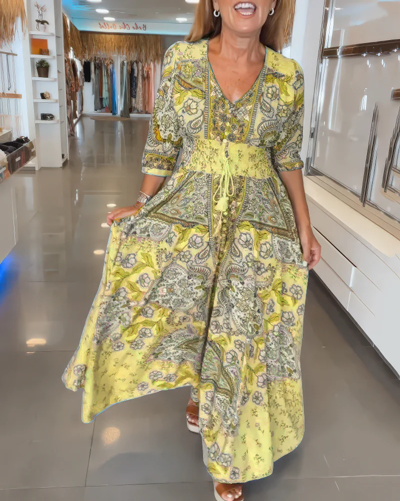 Women's Elegant New Floral V-Neck Slimming Waist Maxi Dress