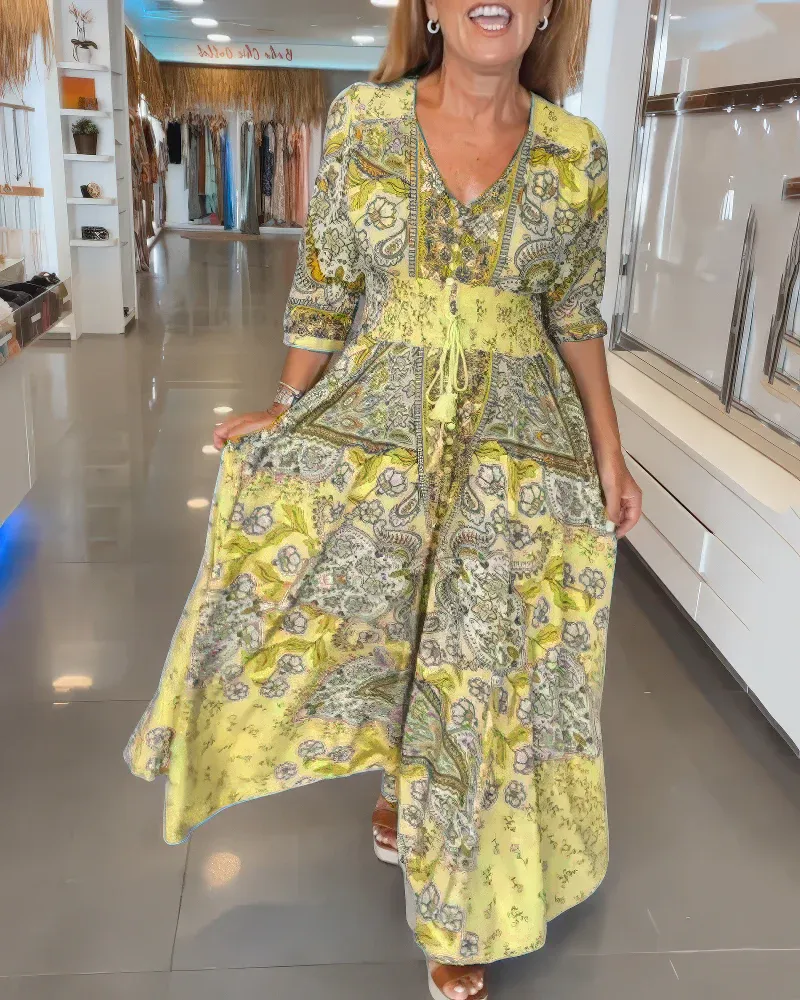 Women's Elegant New Floral V-Neck Slimming Waist Maxi Dress