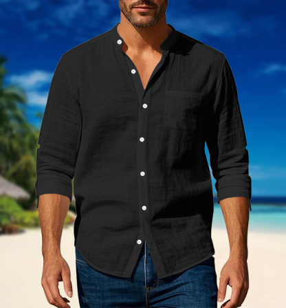Men’s Cotton-Linen Casual Long-Sleeve Shirt with Stand Collar and Pockets