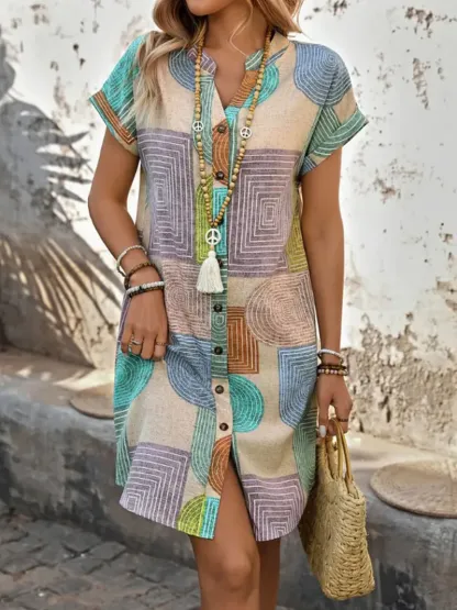 Printed Collared Neck Tie Waist Dress