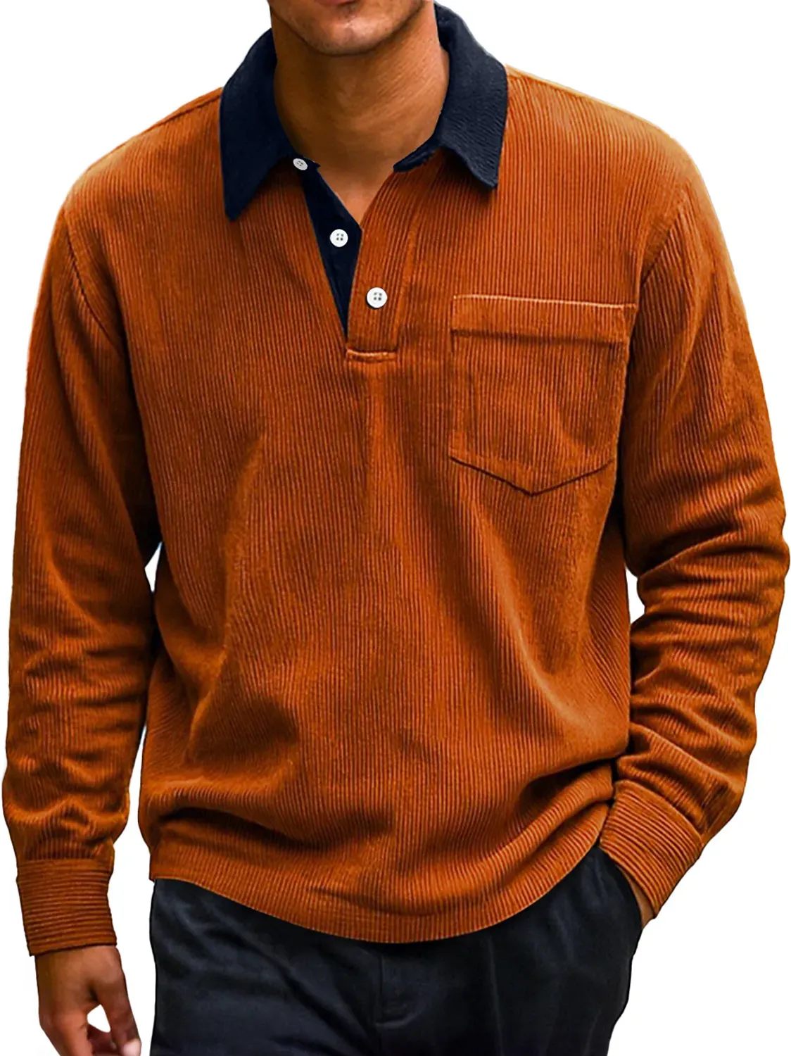 Men's Retro Corduroy Lapel Colorblock Casual Long-sleeved Polo Shirt