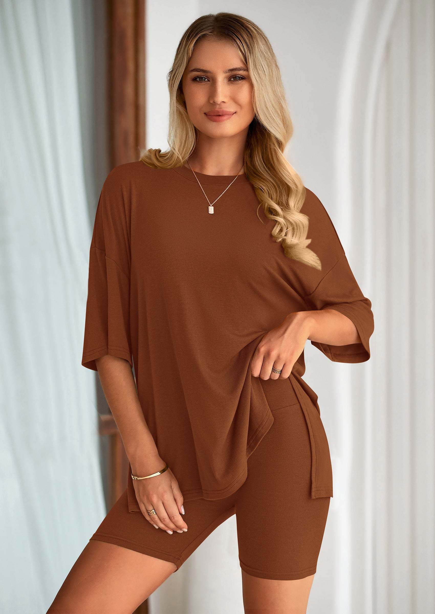 Women's Two Piece Lounge Set Summer Casual Oversized Shirts Biker Shorts Matching Airport Travel Outfit