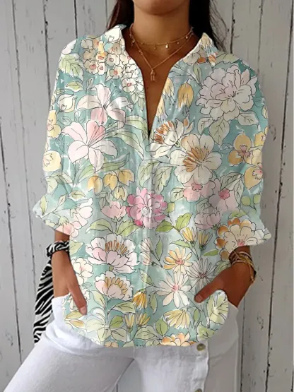 Women's Vintage Abstract Floral Art Print Linen V-Neck Shirt