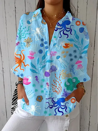 Women's Vintage Abstract Floral Art Print Linen V-Neck Shirt