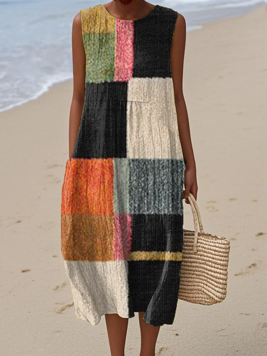 Women's Vintage Abstract Geometric Art Print Sleeveless Cotton Pocket Wrap Dress-Series4