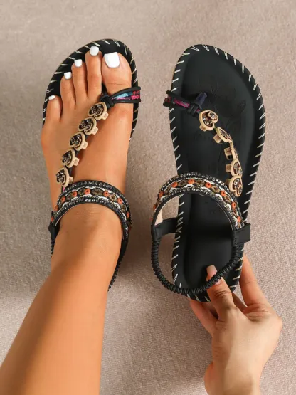 Toe Loop PU Leather Flats Sandals