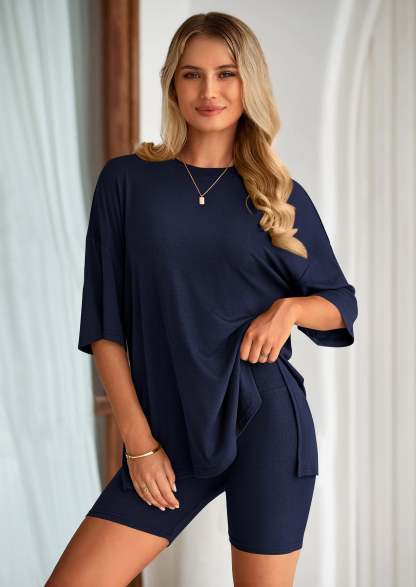 Women's Two Piece Lounge Set Summer Casual Oversized Shirts Biker Shorts Matching Airport Travel Outfit