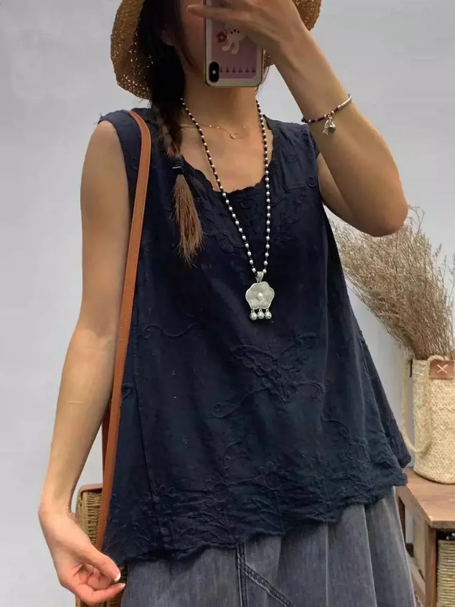 Women's Round Neck Sleeveless Casual Cotton And Linen Embroidered Top