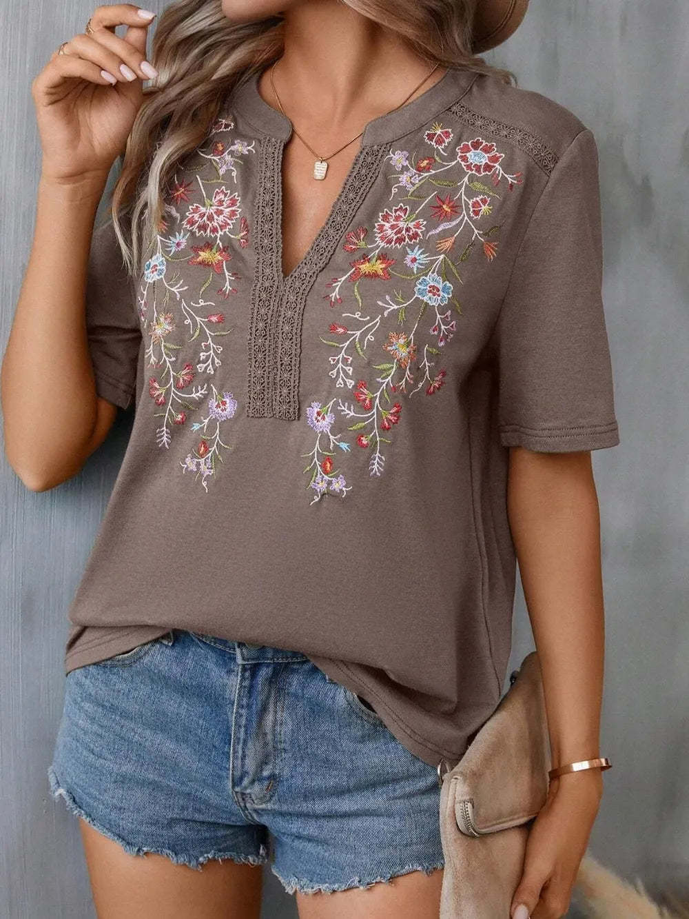 Hazel Blues® |  Embroidered Notched Short Sleeve T-Shirt