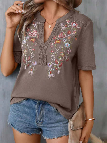 Hazel Blues® |  Embroidered Notched Short Sleeve T-Shirt