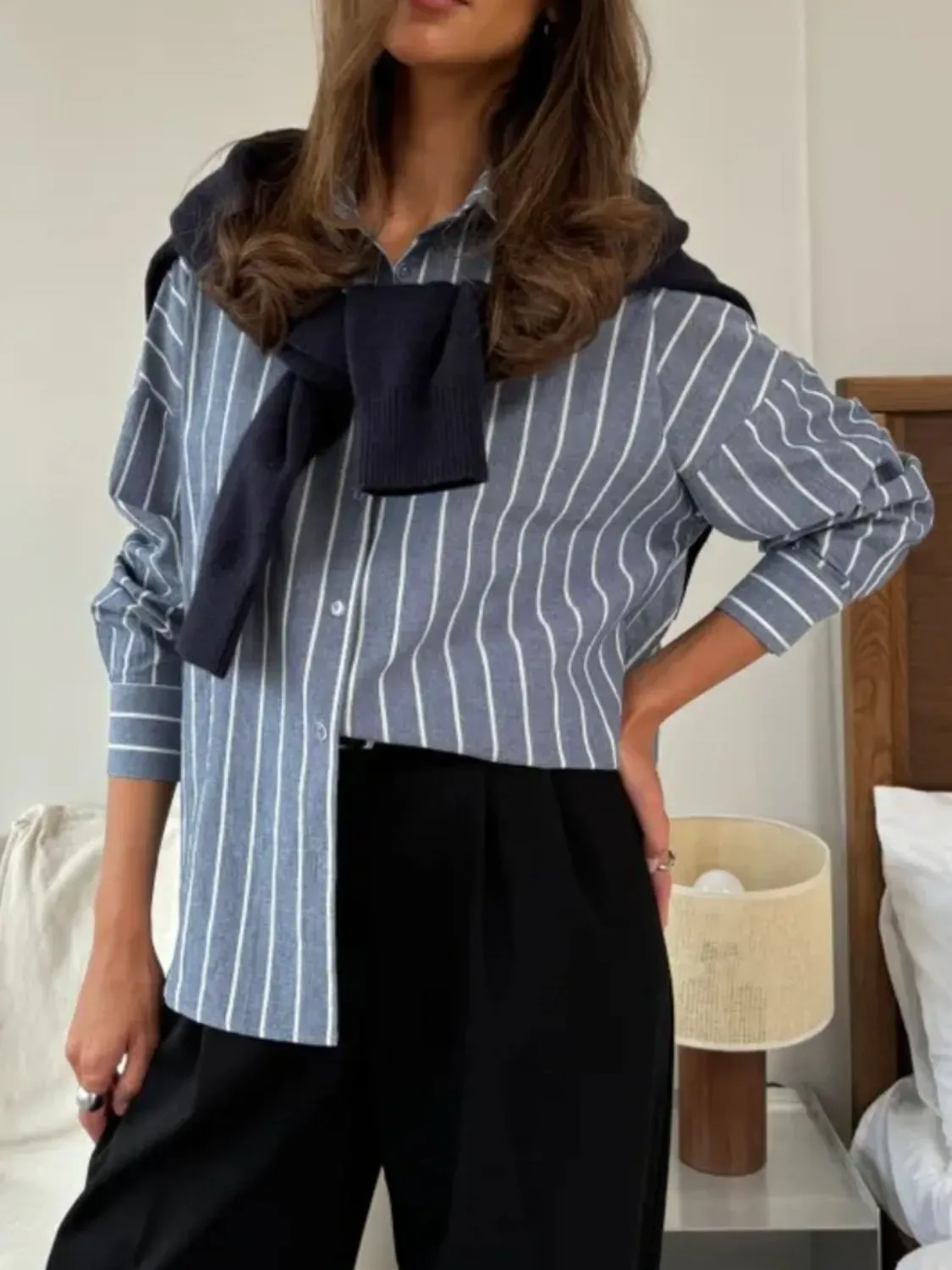 Striped Collared Neck Long Sleeve Shirt