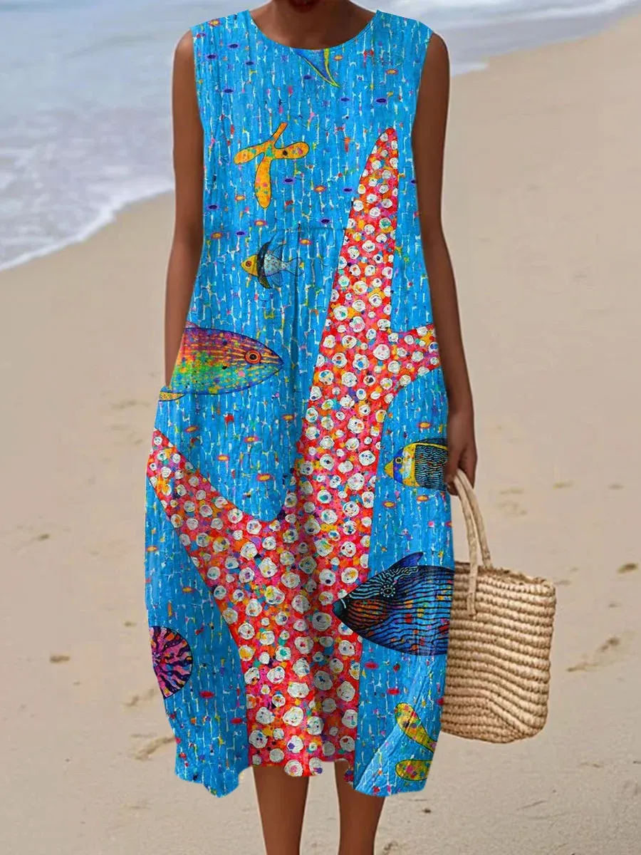 Women's Vintage Abstract Geometric Art Print Sleeveless Cotton Pocket Wrap Dress