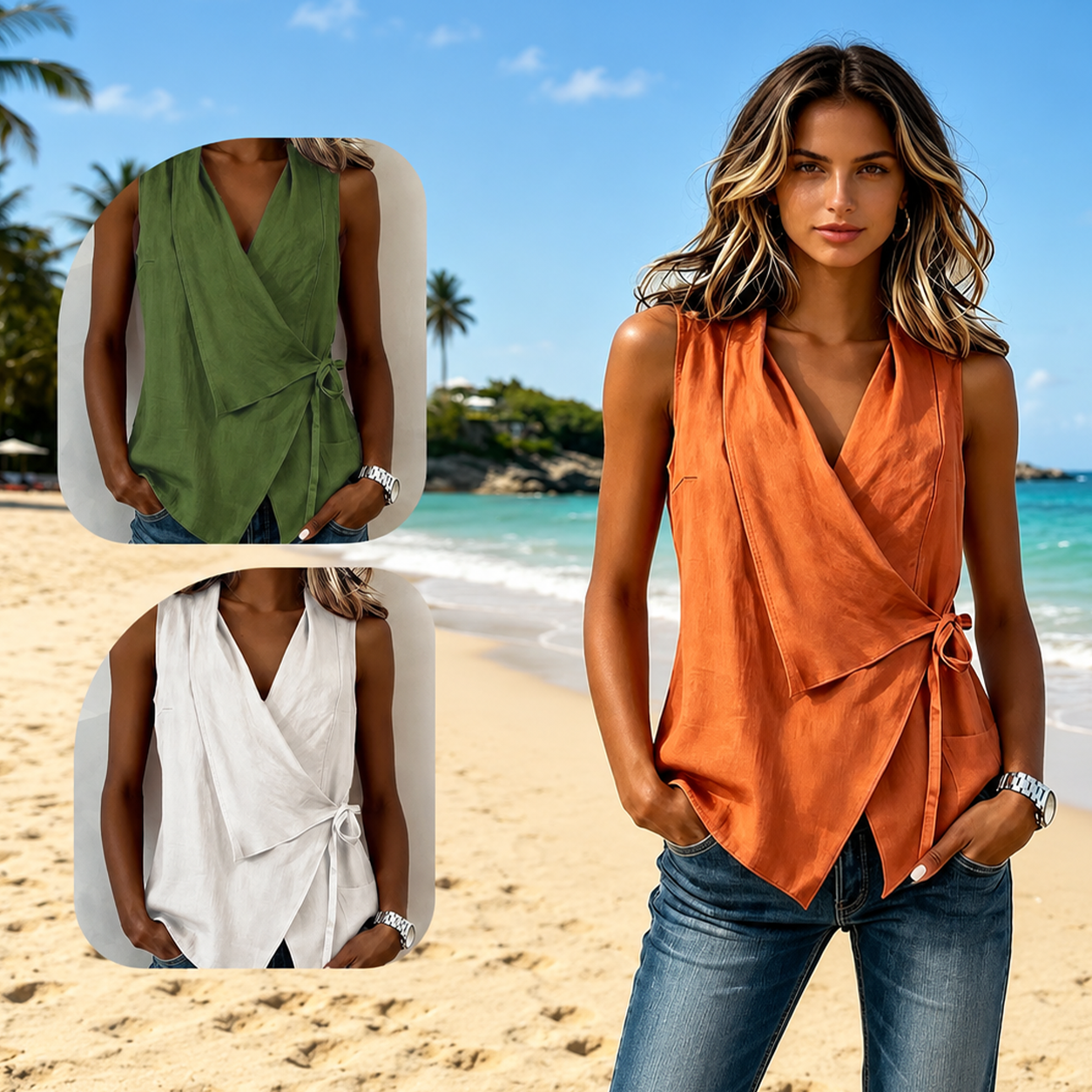 Crisscross Tie Cotton Linen Solid Tank Top