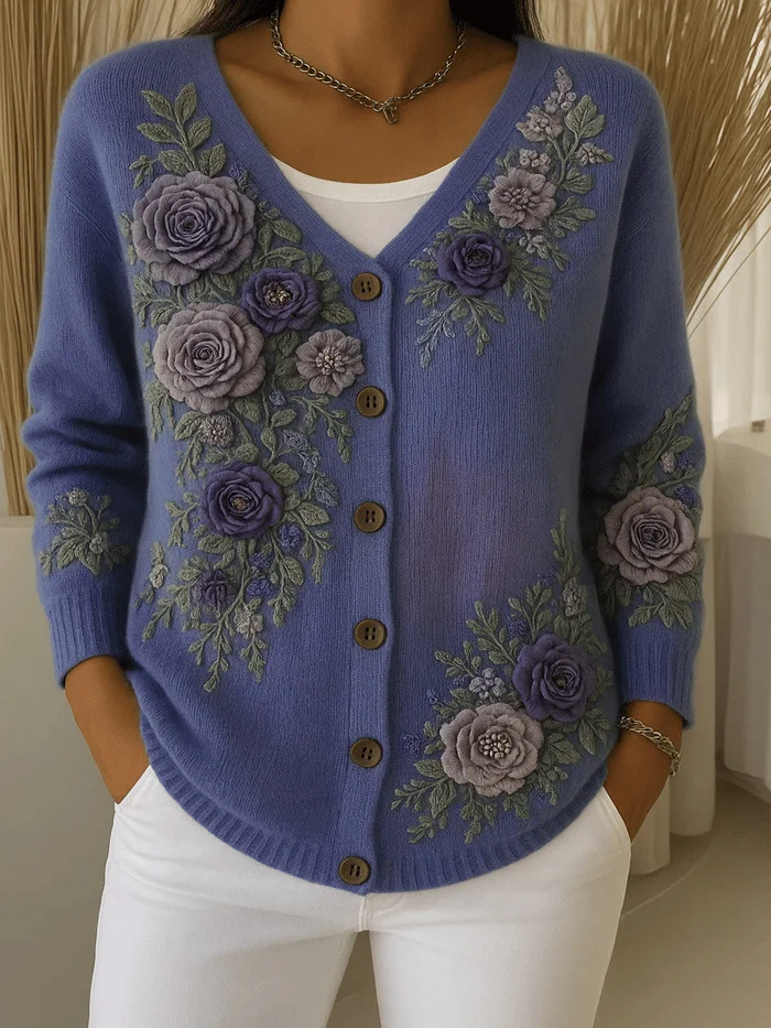Elegant Women’s Cotton V-Neck Cardigan with 3D Floral Pattern
