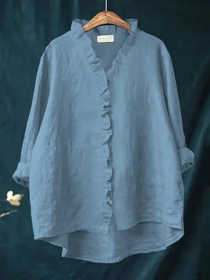 2025 Hot Sall Women's Elegant  Casual Ruffle Cotton-Linen Blouse