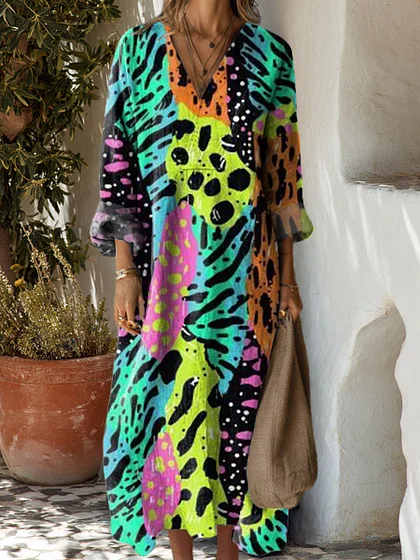 [Copy]Women's Cotton Vintage Abstract Geometric Art Print Dress