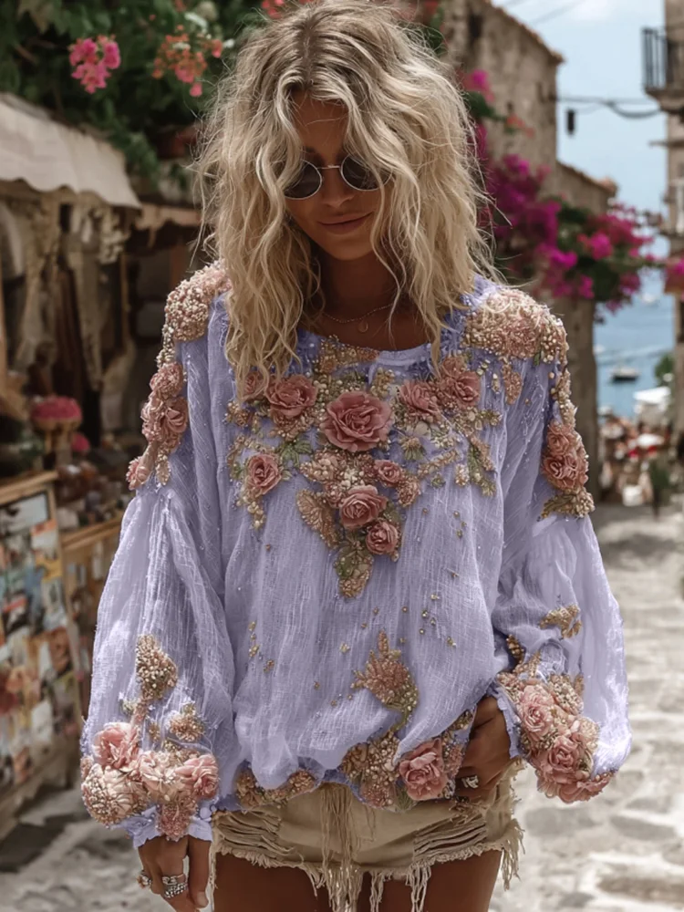 Women's Vintage Pink Rose Embroidery Casual Crew Neck Shirt