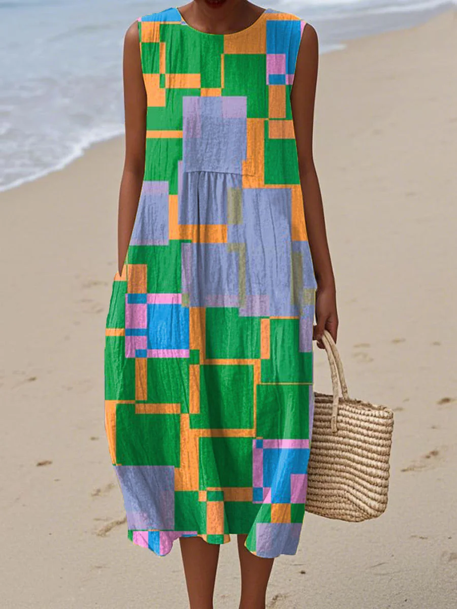 Women's Vintage Abstract Geometric Art Print Sleeveless Cotton Pocket Wrap Dress-Series2