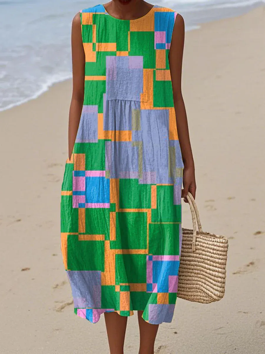 Women's Vintage Abstract Geometric Art Print Sleeveless Cotton Pocket Wrap Dress-Series2