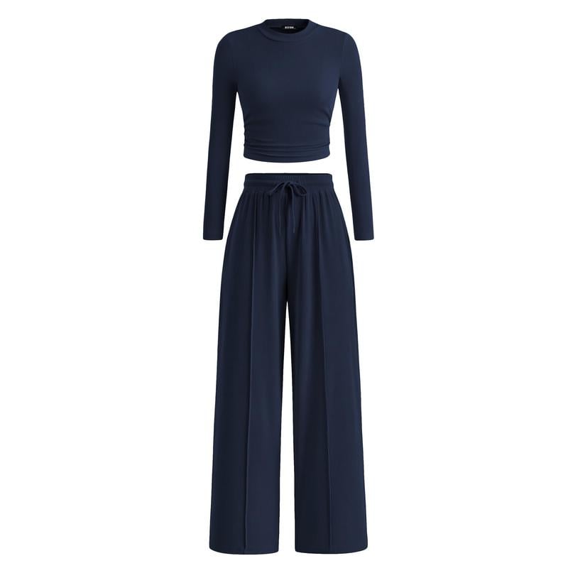 Woman's 2-Piece Ribbed Knit Long Sleeve Crop Top Wide Leg Pants Matchi