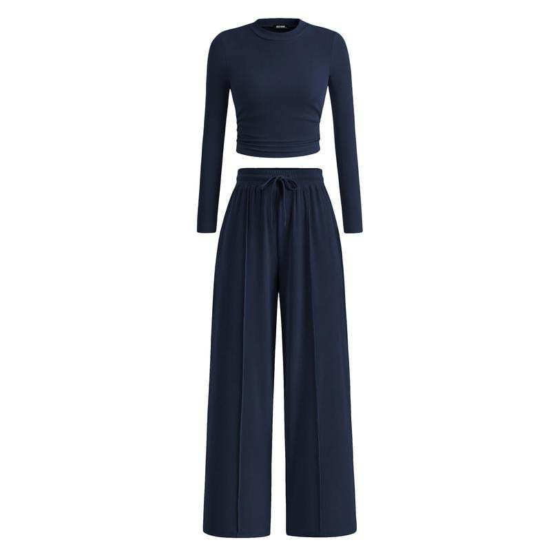 Woman's 2-Piece Ribbed Knit Long Sleeve Crop Top Wide Leg Pants Matchi