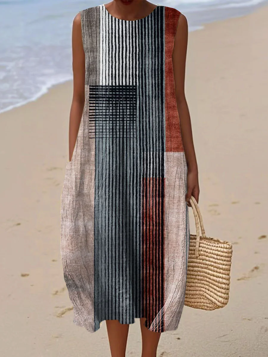 Women's Vintage Abstract Geometric Art Print Sleeveless Cotton Pocket Wrap Dress