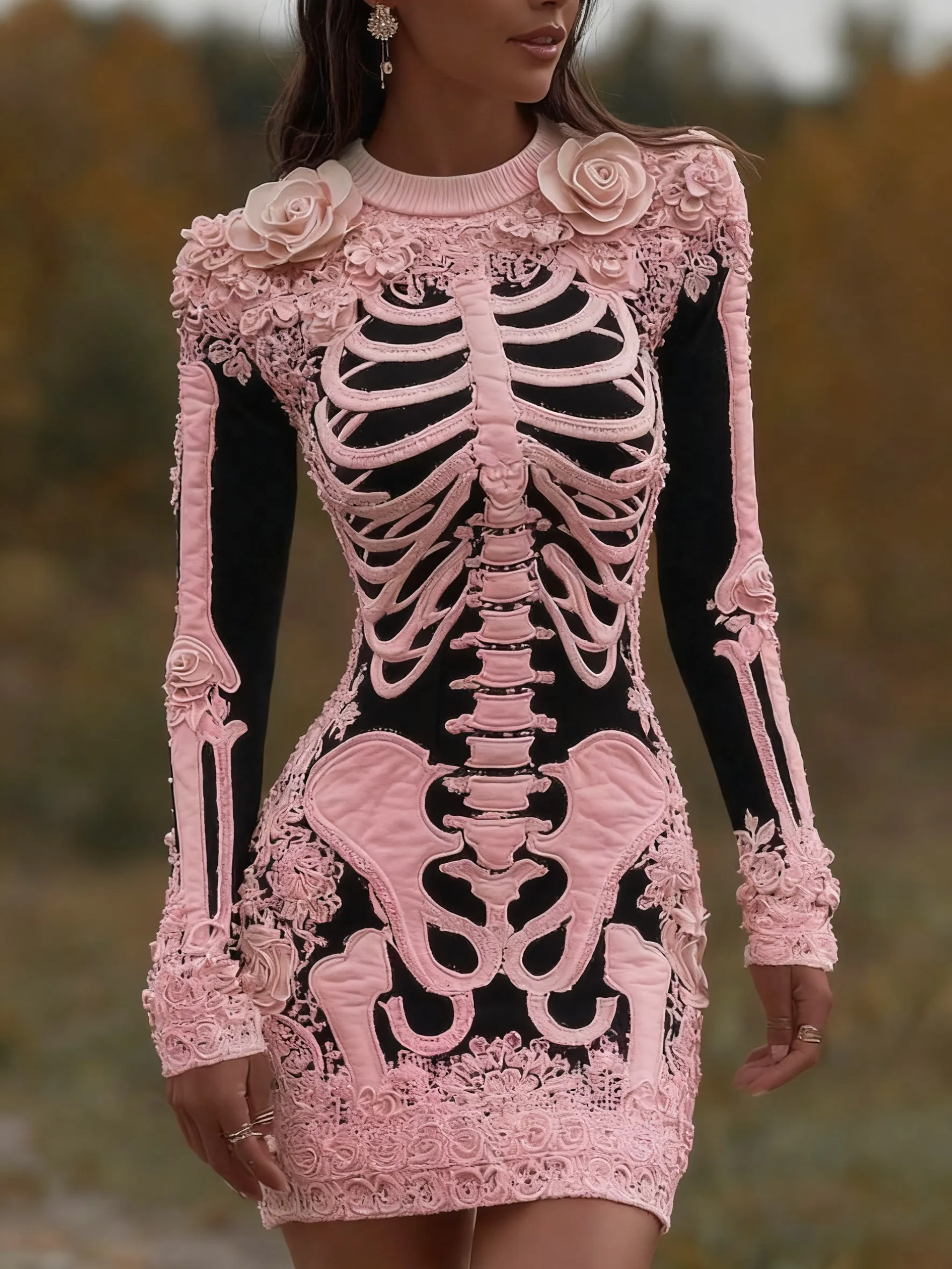 Women's Vintage Halloween Skeleton Bones With Rose Art Cozy Knit Mini Sweater Dress