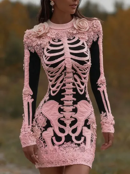 Women's Vintage Halloween Skeleton Bones With Rose Art Cozy Knit Mini Sweater Dress