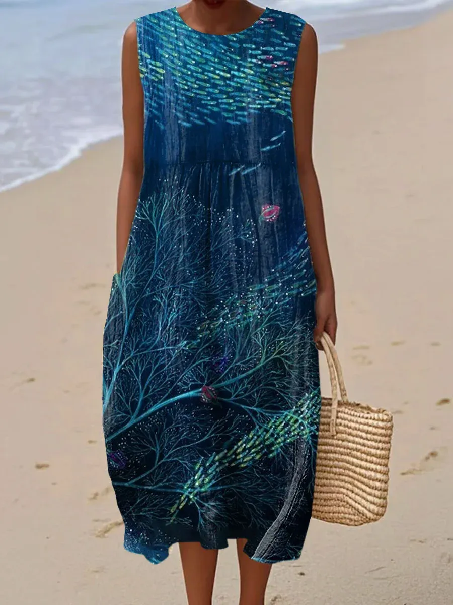 Women's Vintage Abstract Geometric Art Print Sleeveless Cotton Pocket Wrap Dress