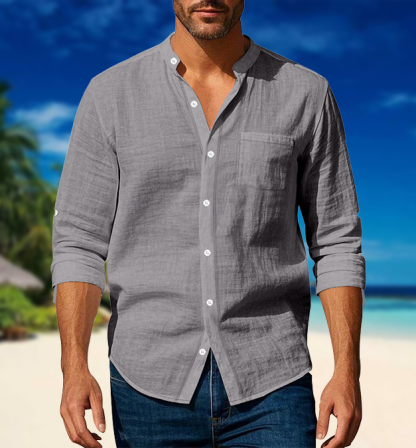 Men’s Cotton-Linen Casual Long-Sleeve Shirt with Stand Collar and Pockets