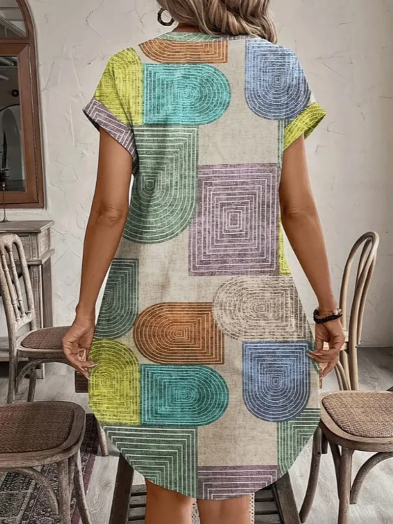 Printed Collared Neck Tie Waist Dress