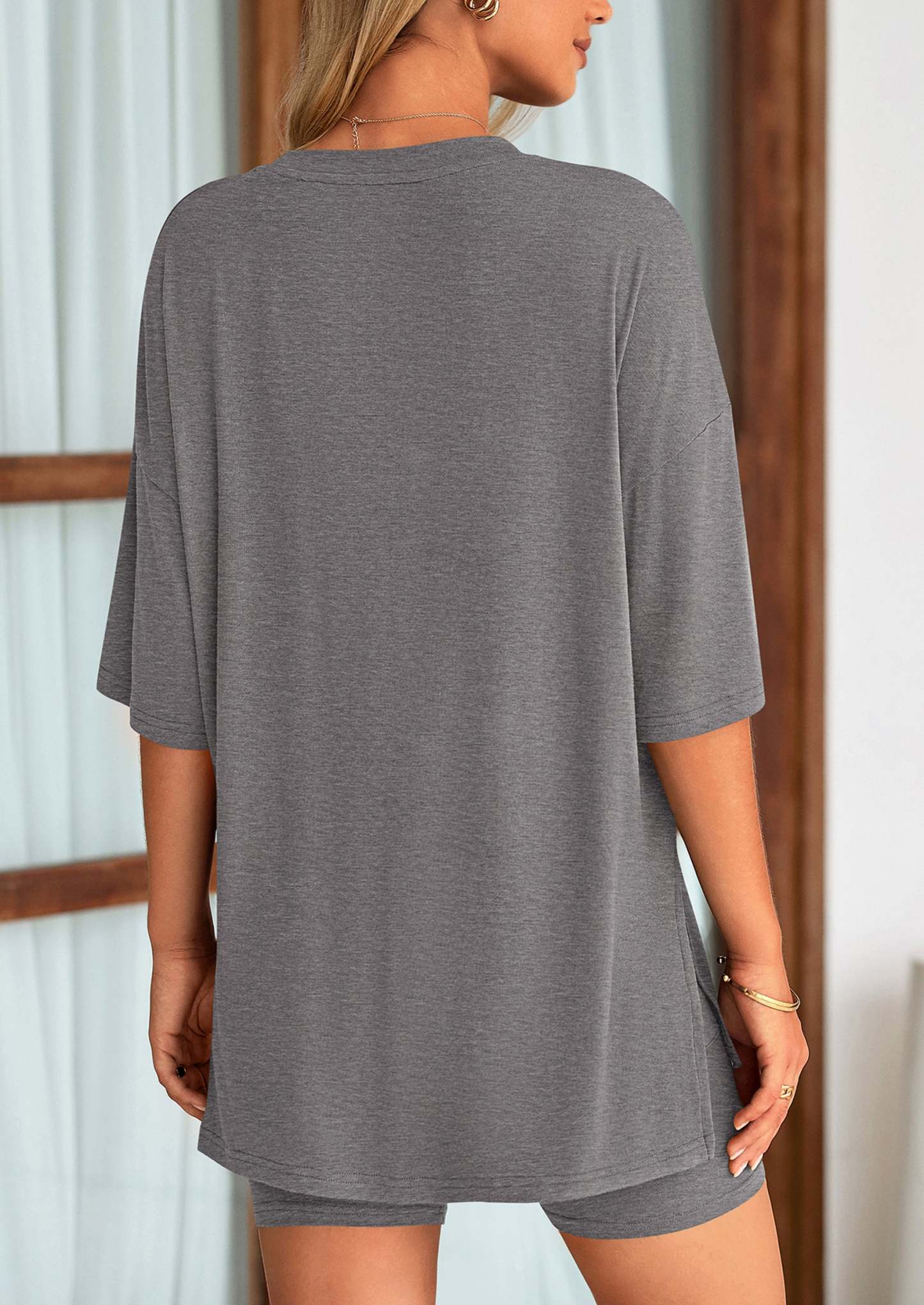 Women's Two Piece Lounge Set Summer Casual Oversized Shirts Biker Shorts Matching Airport Travel Outfit