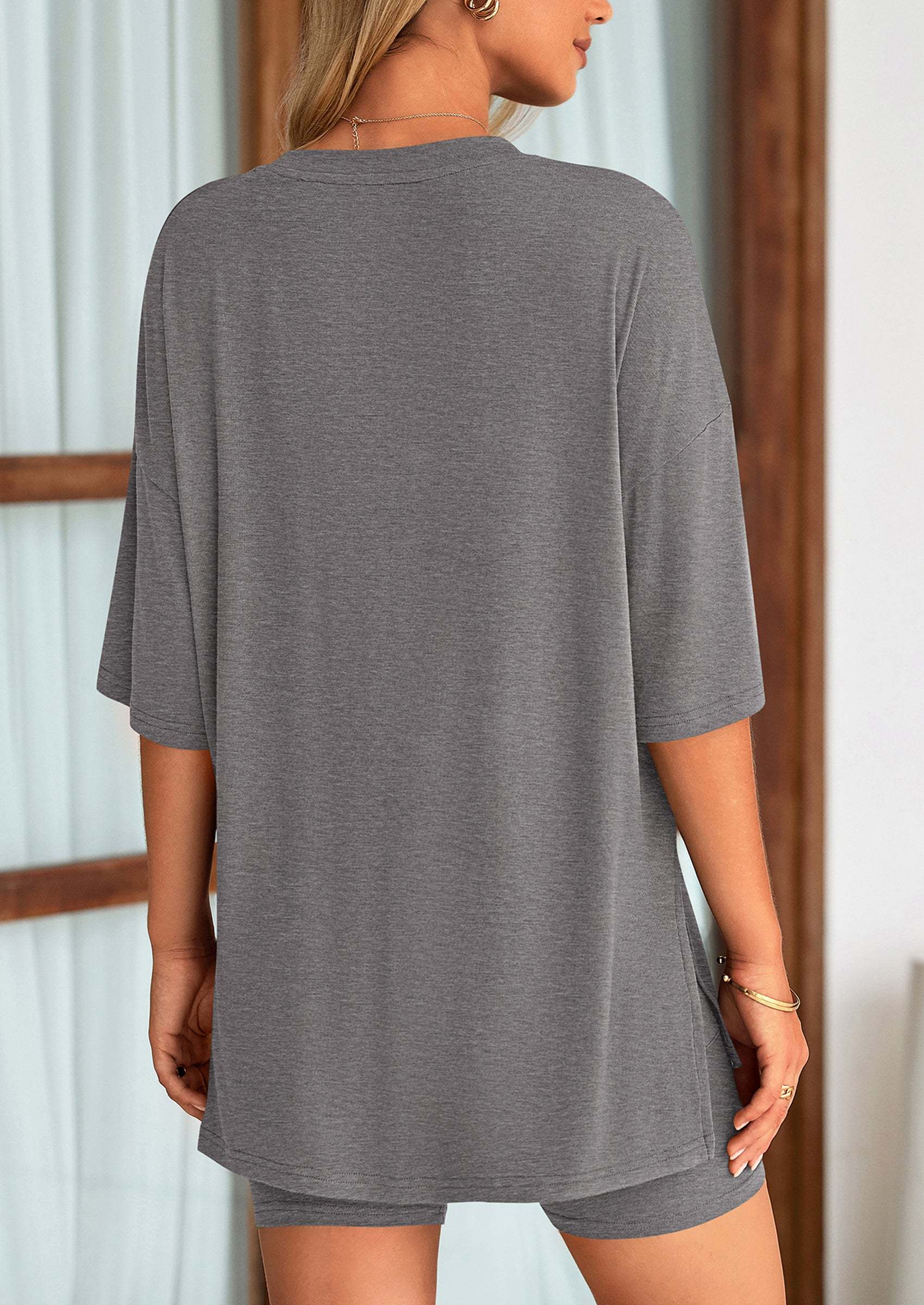Women's Two Piece Lounge Set Summer Casual Oversized Shirts Biker Shorts Matching Airport Travel Outfit