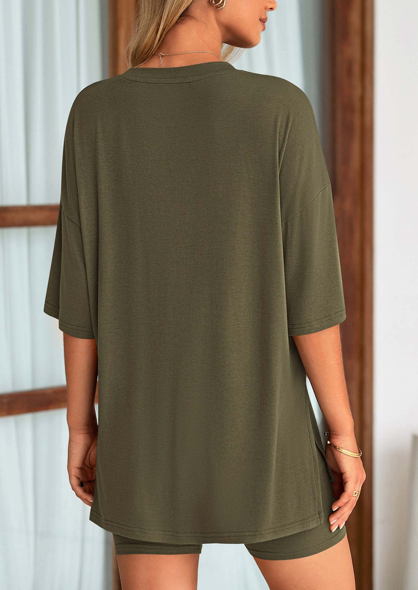 Women's Two Piece Lounge Set Summer Casual Oversized Shirts Biker Shorts Matching Airport Travel Outfit