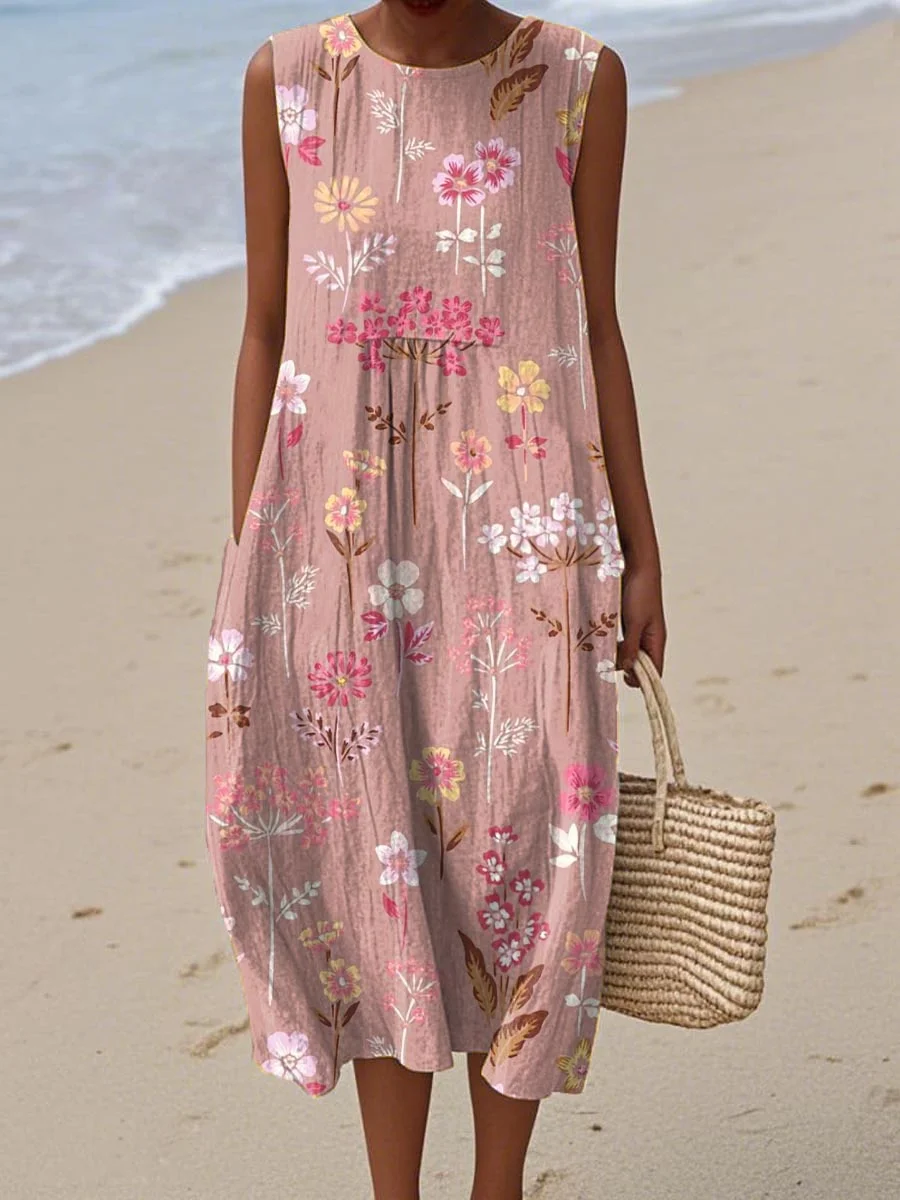 Women's Vintage Abstract Geometric Art Print Sleeveless Cotton Pocket Wrap Dress-Series5