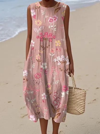 Women's Vintage Abstract Geometric Art Print Sleeveless Cotton Pocket Wrap Dress-Series5