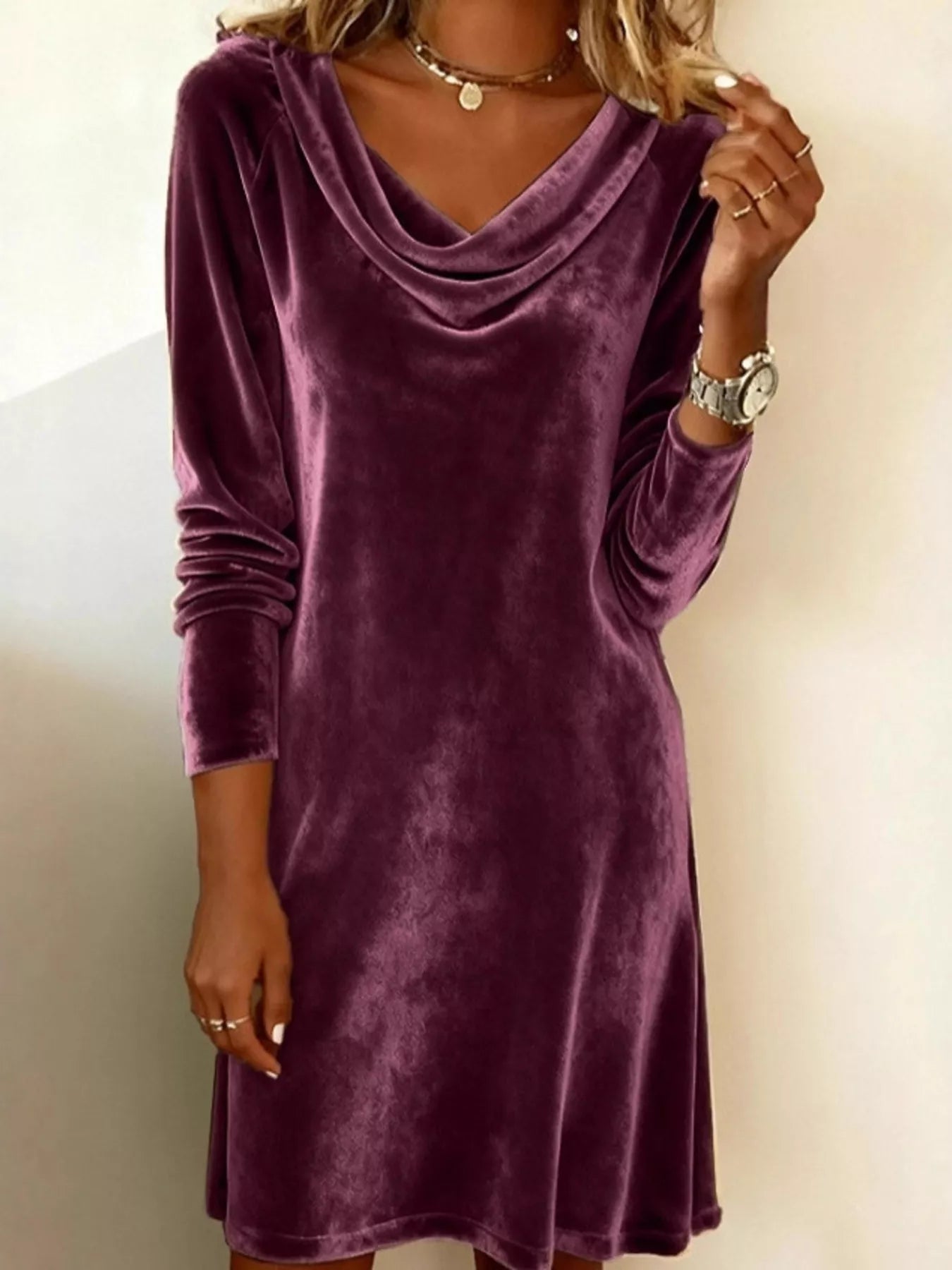 Elegant Velvet Cowl Neck Long Sleeve Mini Dress