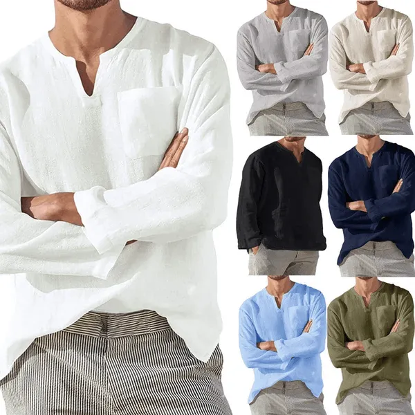 Men's Casual Long Sleeve V-neck Loose Linen Shirt