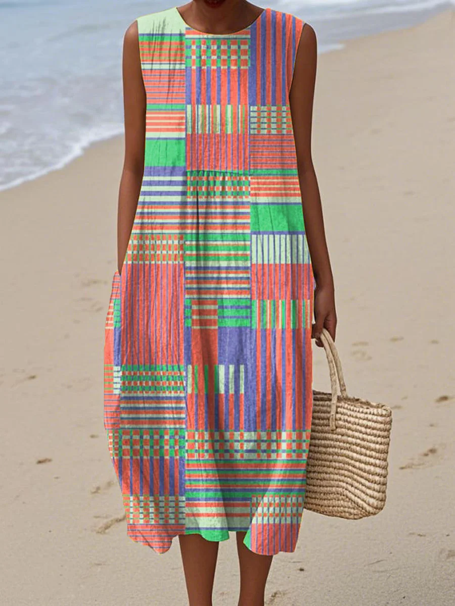 Women's Vintage Abstract Geometric Art Print Sleeveless Cotton Pocket Wrap Dress-Series3