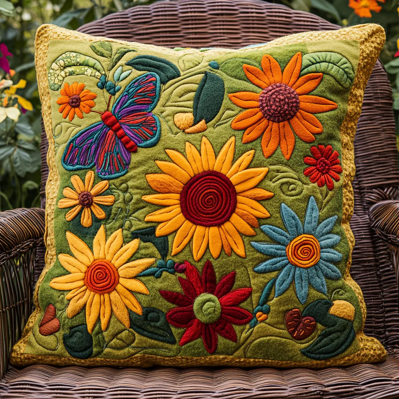 Bohemian Floral & Butterfly Quilted Pillow