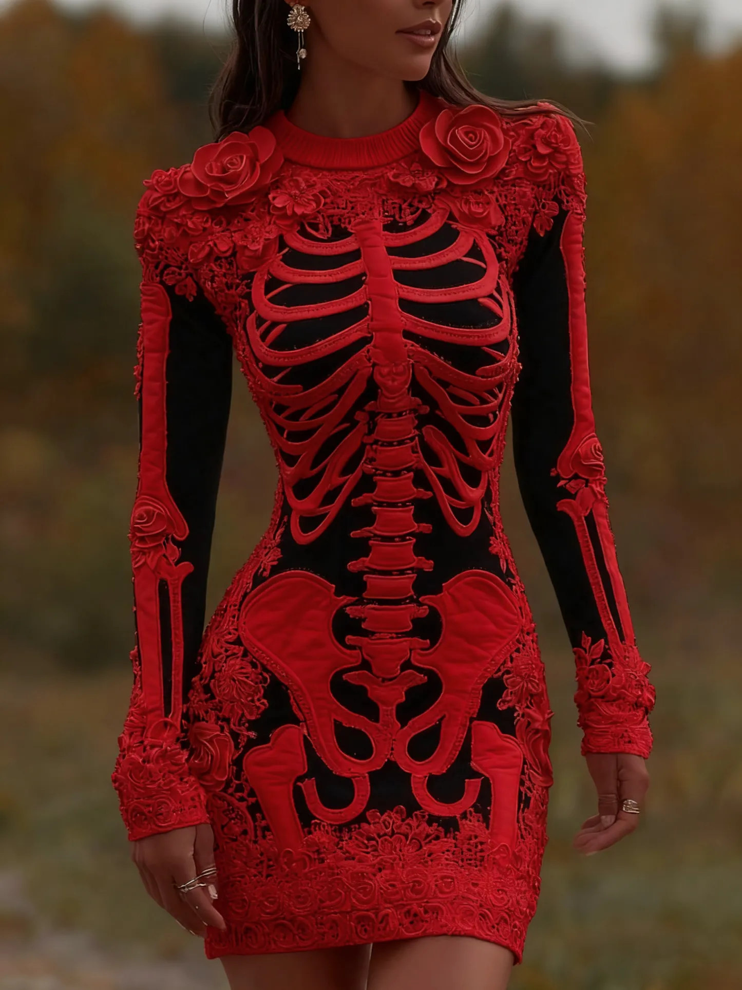 Women's Vintage Halloween Skeleton Bones With Rose Art Cozy Knit Mini Sweater Dress